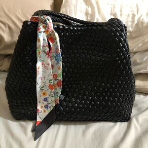 Black Woven Italian Leather Hobo Bag with Floral Scarf
